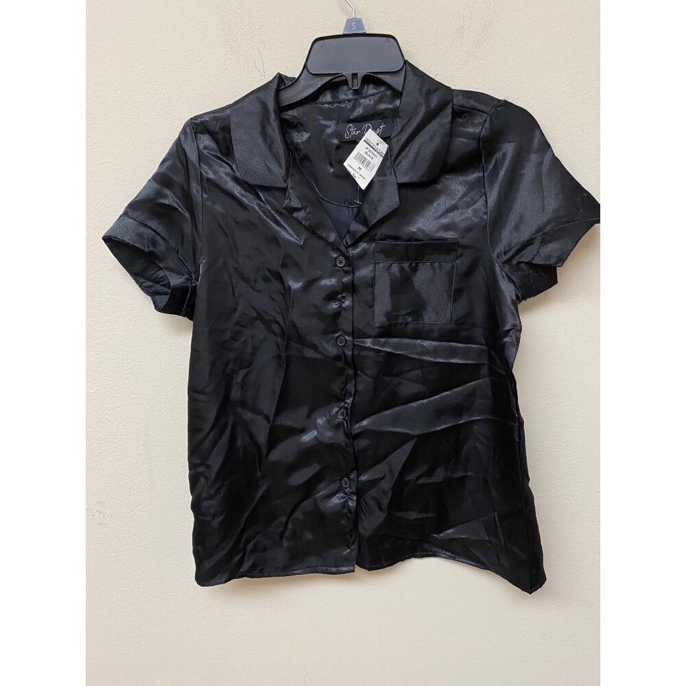 Star Dust Womens Mid Night Black Solid Satin Silk Shirt Black Size M NWT